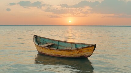 Fototapeta premium Solitary Yellow Boat at Sunset on Calm Water