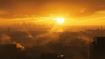 Fototapeta premium Golden Sunset Over City Skyline with Mist and Smog Atmosphere