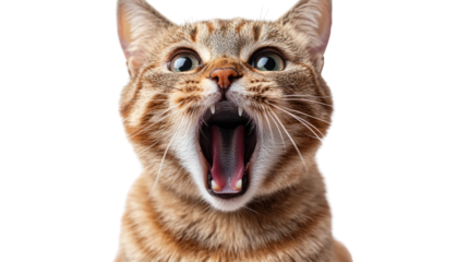 Startled Feline: A close-up shot captures a domestic cat mid-yawn or scream with wide eyes and an open mouth, revealing teeth and a pink tongue.