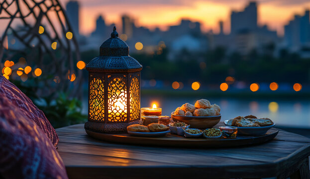 Cozy Ramadan evening with snacks and a lantern on a wooden table, featuring Arabic decor and a city view.