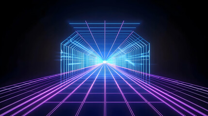 A Futuristic Neon Illuminated Tunnel with Glowing Blue and Purple Retro Synthwave Grid Lines on a Dark Background