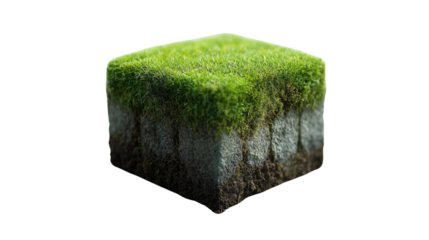 Green Earth Cube: A stylized cube of earth topped with vibrant green grass, symbolizing growth and environmental harmony.
