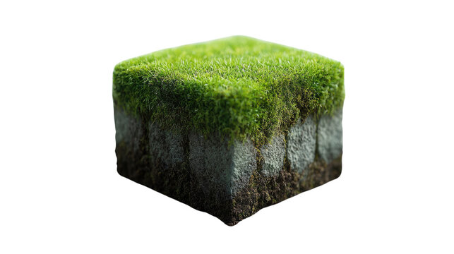 Green Earth Cube: A stylized cube of earth topped with vibrant green grass, symbolizing growth and environmental harmony.