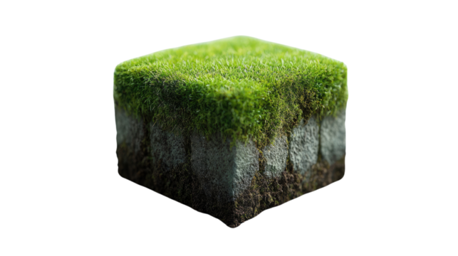 Green Earth Cube: A stylized cube of earth topped with vibrant green grass, symbolizing growth and environmental harmony.