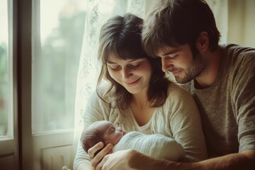 Parents embrace newborn baby near sunlit window.
