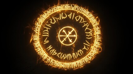 Fototapeta premium A glowing golden magical circle surrounded by mysterious inscriptions