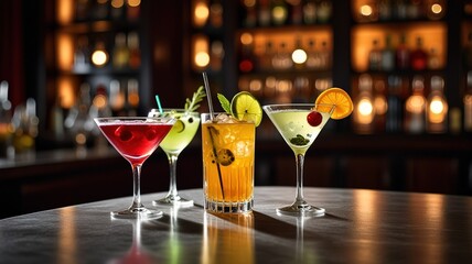Distinct cocktails placed on a glossy, dark bar counter