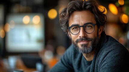 2. **A professional seated in a modern meeting room, actively engaging in a discussion with clients, with a presentation screen in the background**, showcasing a productive business environment 