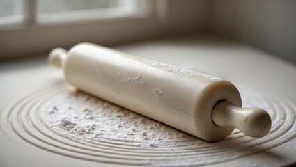 Fototapeta premium Homemade dough preparation with a rolling pin on a clean countertop in a cozy kitchen