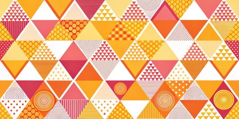 Geometric abstract wallpaper with triangles and circles in bright orange, yellow and pink colors against a white background, interior design elements , office decor