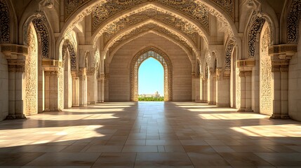 Fototapeta premium Serene Architectural Interior with Arches and Natural Light