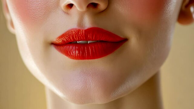 Close-up shot of a woman's lips with vibrant red lipstick, showcasing flawless skin and makeup artistry.  A perfect example of beauty and cosmetics.