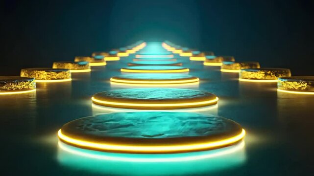 Executive mindset transformation, A radiant neon staircase ascending into the sky, where each glowing step represents new leadership skills gained through continuous learning, Continuous Learning.