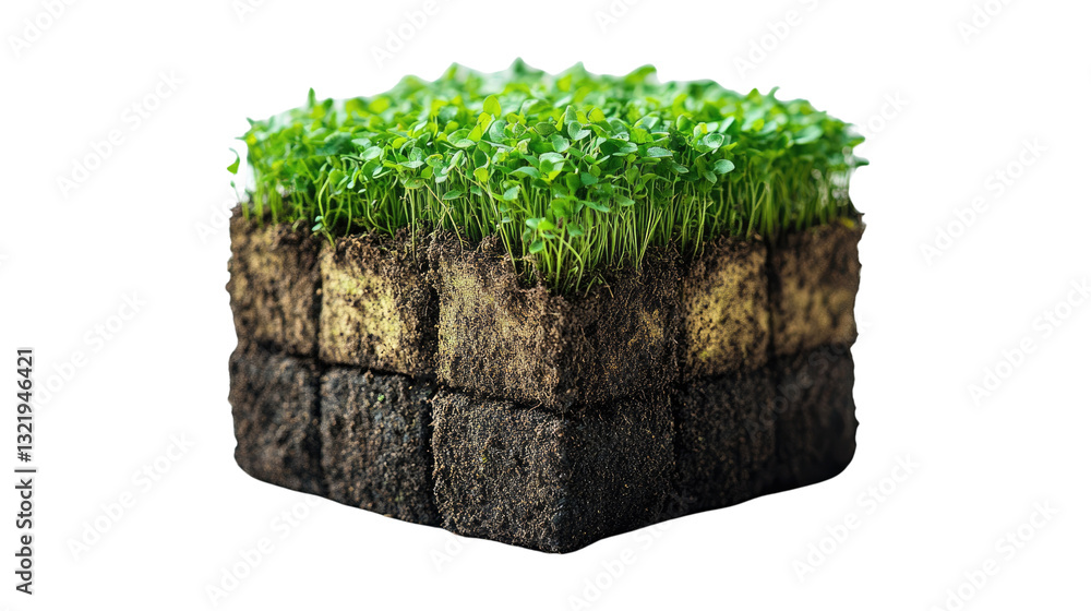 Poster green cube: a close-up photo of a square block with layers of soil and vibrant green grass on top. t