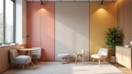 A modern office space featuring colorful acoustic paneling for sound insulation.
