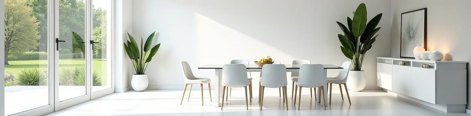 Fototapeta premium Bright white dining room with glass dining table and chairs, airy, crystal-like, home