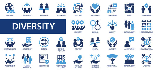 Diversity flat icons set. Equality, variety, human rights, acceptance icons and more signs. Flat icon collection.