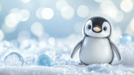 Fototapeta premium A cute cartoon penguin stands on snow with soft bokeh background