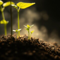 An extreme macro close-up depicting plants and soil producing oxygen, with volumetric lighting illuminating small subject details and visible light beams through dust or fog