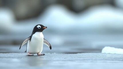 Obraz premium A solitary penguin stands on a cold icy surface calmly