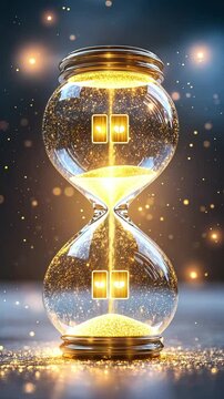 High-performance time strategies, A glowing hourglass flipping upside down, with golden time slots appearing and locking into place, symbolizing disciplined time allocation for continuous learning