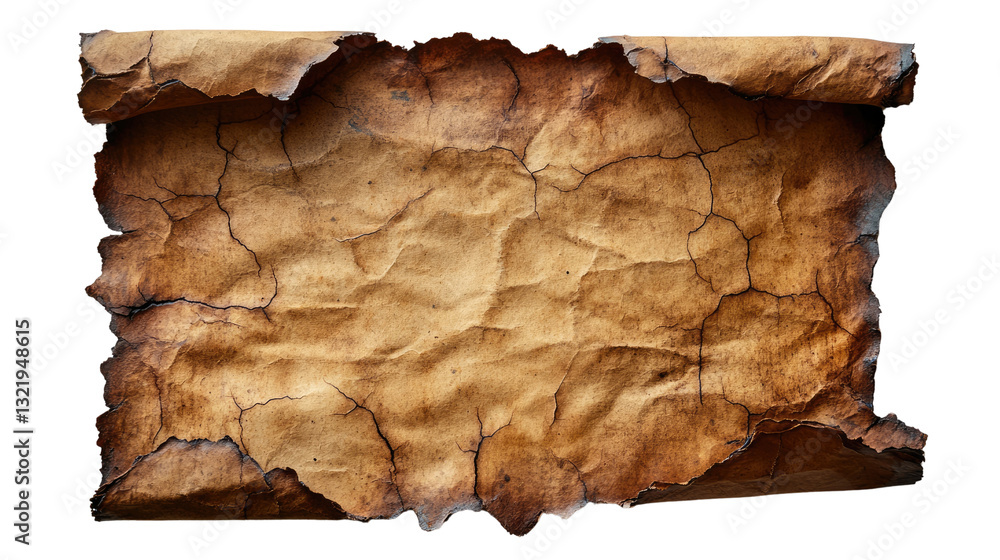 Aufkleber ancient parchment scroll: a detailed view of an aged, rolled parchment scroll with burned edges and 
