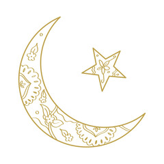 A sophisticated, decorative crescent moon and star graphic, featuring intricate gold-colored paisley-style floral and leaf patterns on a black background. © Pixsite