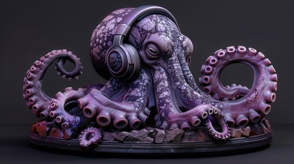 Fototapeta premium Colorful Octopus Sculpture with Headphones on Dark Background