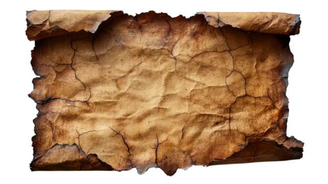 Ancient Parchment Scroll: A detailed view of an aged, rolled parchment scroll with burned edges and visible texture, evoking history and mystery.