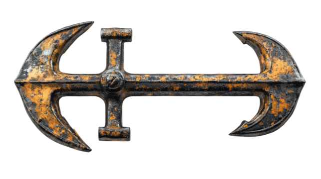 Rusty Anchor Emblem: A close-up shot of a vintage rusty anchor emblem, symbolizing strength and steadfastness, against a plain backdrop.