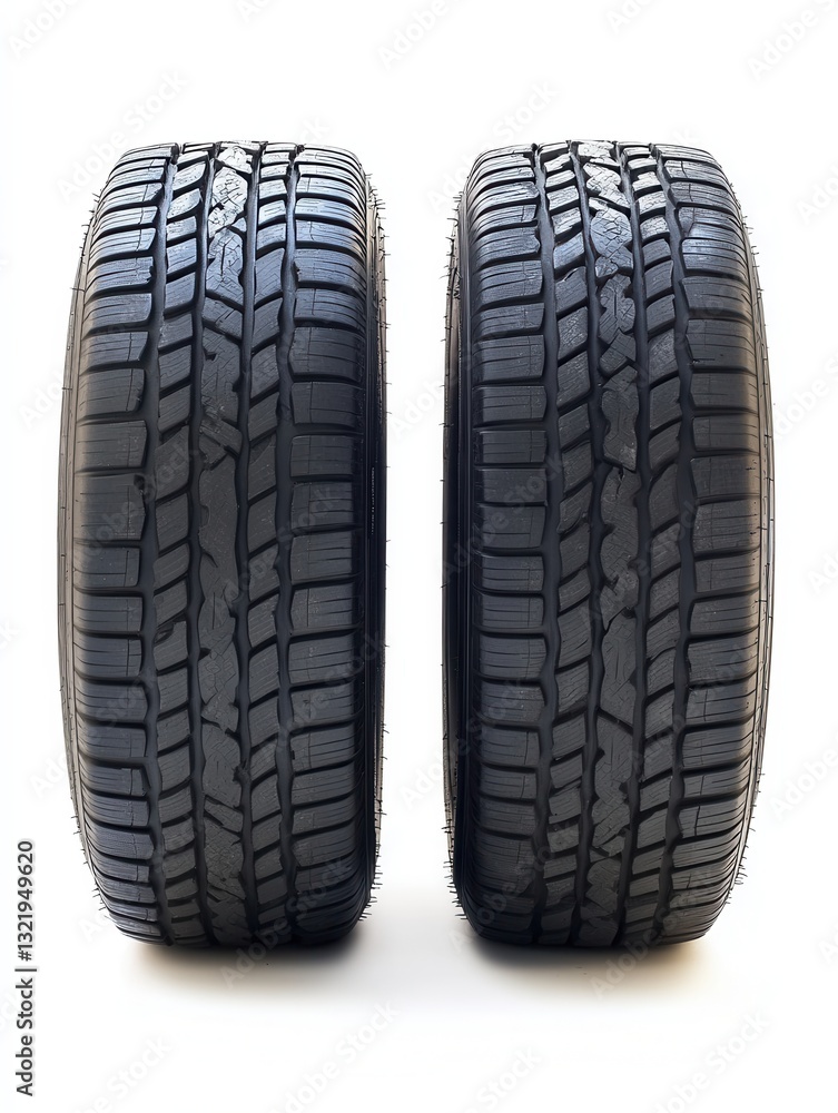 Poster two car tires showcasing tread patterns on a white background for analysis of performance and safety