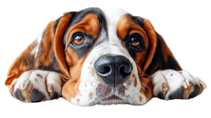 The Basset Hound: This lovable Basset Hound with floppy ears and a soulful gaze, resting its chin and paws. Capturing the essence of this adorable breed, ideal for animal lovers.