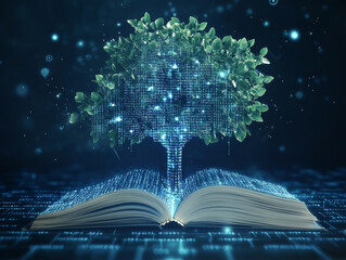digital tree growing from open programming book, symbolizing knowledge and growth in technology. background features binary code, enhancing tech theme