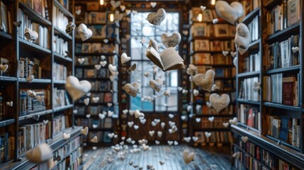 Obraz premium Enchanted Library with Floating Hearts and Open Book Design
