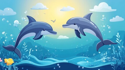 Two smiling dolphins swim in the blue ocean waters together