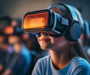 child wearing virtual reality goggles, engaged in immersive learning, surrounded by peers in classroom setting. atmosphere is focused and innovative, showcasing future of education
