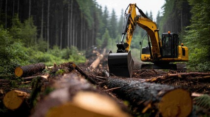 Yellow Exorm Machine Transporting Logs Through Forested Landscape Scene