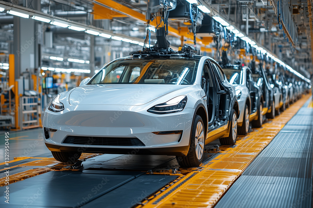 Poster modern car manufacturing assembly line with electric vehicles in production. high tech environment s