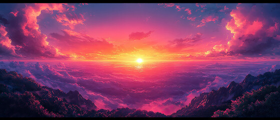 Vibrant  sunset purple and pink hues over a majestic mountain range Sky With Smooth Gradient Transitions in Anime-Inspired Illustration