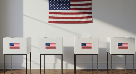 American Elections: Vote Counting & Democracy. Ballot Boxes, US Flag, Election Day. Secure, Fair Voting. Voices Matter!