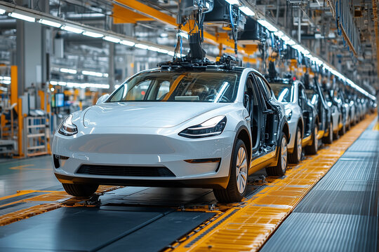 Modern car manufacturing assembly line with electric vehicles in production. high tech environment showcases advanced robotics and automation, emphasizing efficiency and innovation