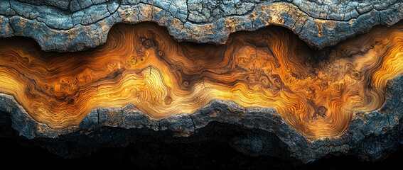 Close-up of a luminous resin filling a crack in a burnt tree trunk, showcasing the intricate wood texture and growth rings