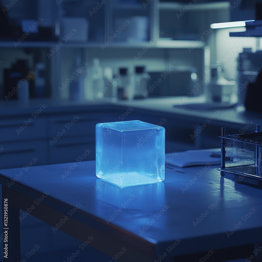 Poster illuminated ice cube on table in modern laboratory environment