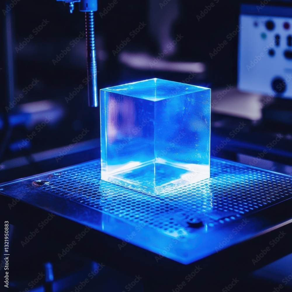 Aufkleber illuminated transparent cube on a high-tech surface with lights