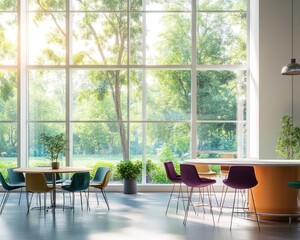 Fototapeta premium Modern office breakroom, sunlight, green view, tables, chairs, relaxation