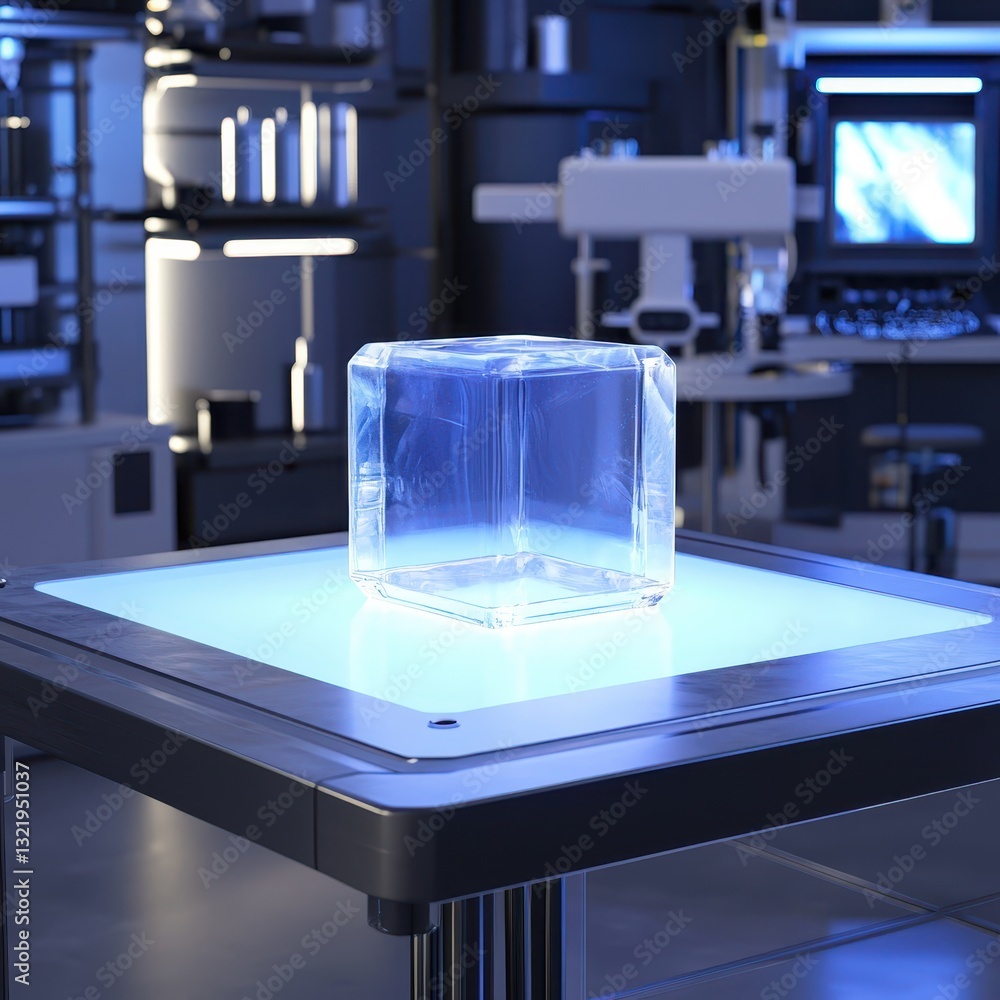 Poster futuristic laboratory with illuminated transparent crystal object