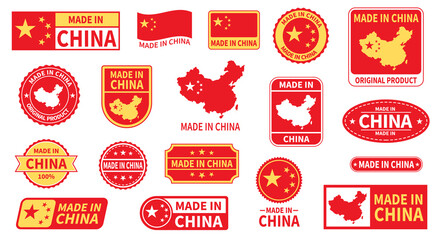Made in china labels. Badges design, asian quality templates, country of origin affiliation emblems, clothing and goods, different forms, certificate guarantee, nowaday vector isolated set