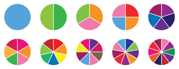 Pie charts diagrams. Different color circles. donut and pie chart infographic elements set. Colorful diagram collection with. Circle icons for infographic. Vector illustration,
