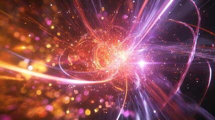 Obraz premium Realistic close-up animation of muons created in the upper atmosphere, traveling longer distances due to relativistic time dilation, as seen in a scientific experiment setup 