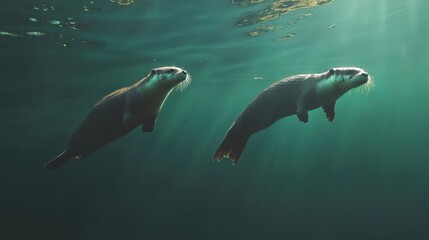Obraz premium Two Otters Swim Gracefully Together Through Murky Underwater Sunlight